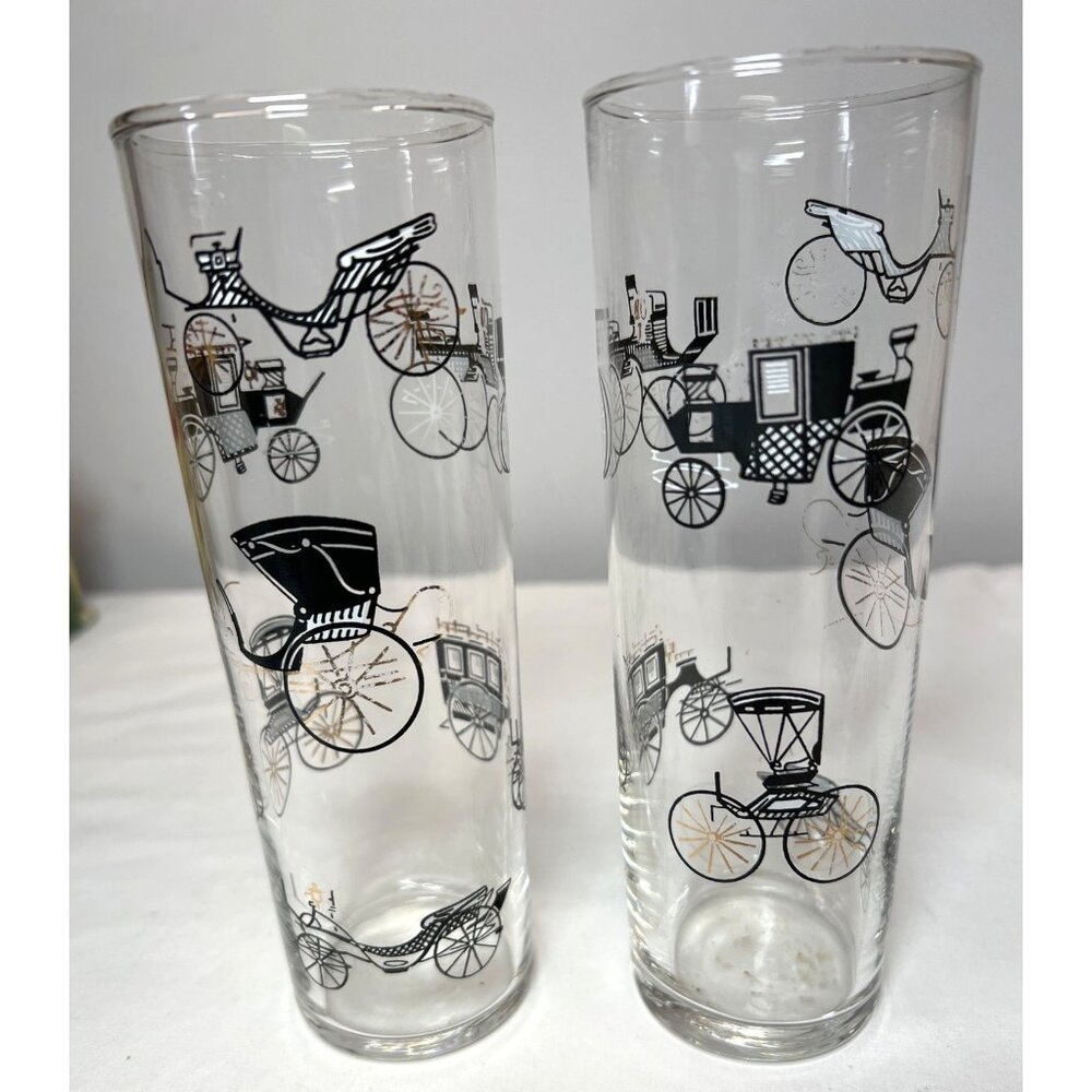 Pair Vtg LIbby Black Gold Carriage Drinking Glasses High Ball Bar Tom CollinsPre
